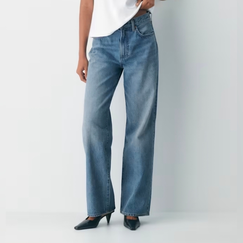 Denim Forum The Farrah High Rise Wide Leg Jeans Blue 23 Organic Cotton 70's